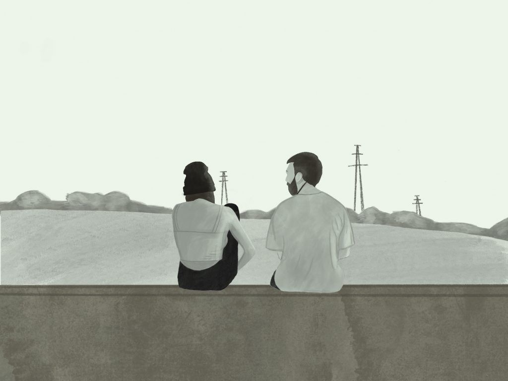 Ilustración digital de una pareja sentada en un muro, de espaldas, observando el paisaje