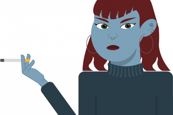 Ilustración vectorial de una chica joven con la piel azul, el pelo rojo y un cigarro en la mano